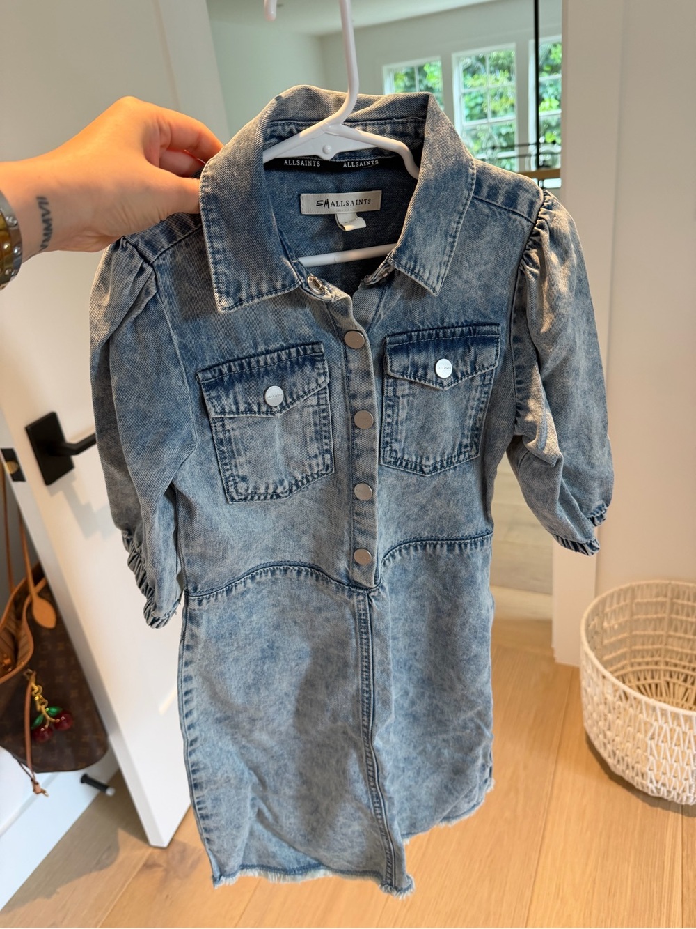 All Saints Kids Washed Denim Shirt Dress in Grey-Blue